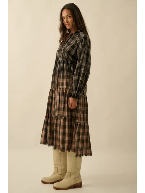 BONFIRE WALTZ plaid midi dress