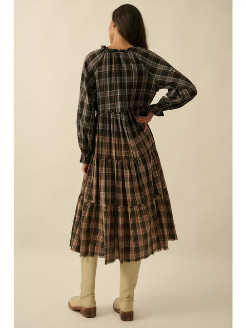 BONFIRE WALTZ plaid midi dress