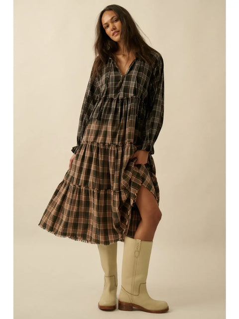 BONFIRE WALTZ plaid midi dress
